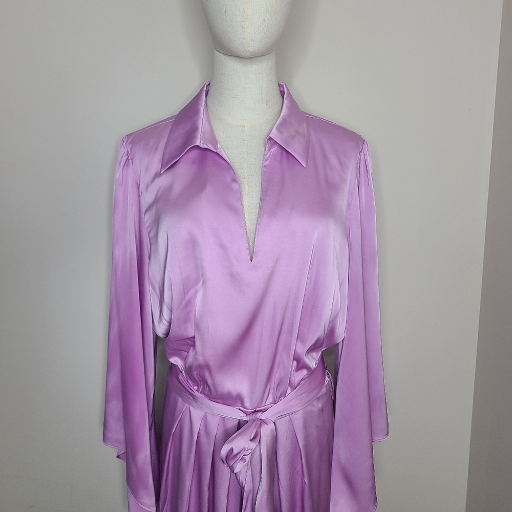 Boston Proper Flare Sleeve Collared Charmeuse‎ Dress Orchid Bouquet Size Large - Picture 7 of 12